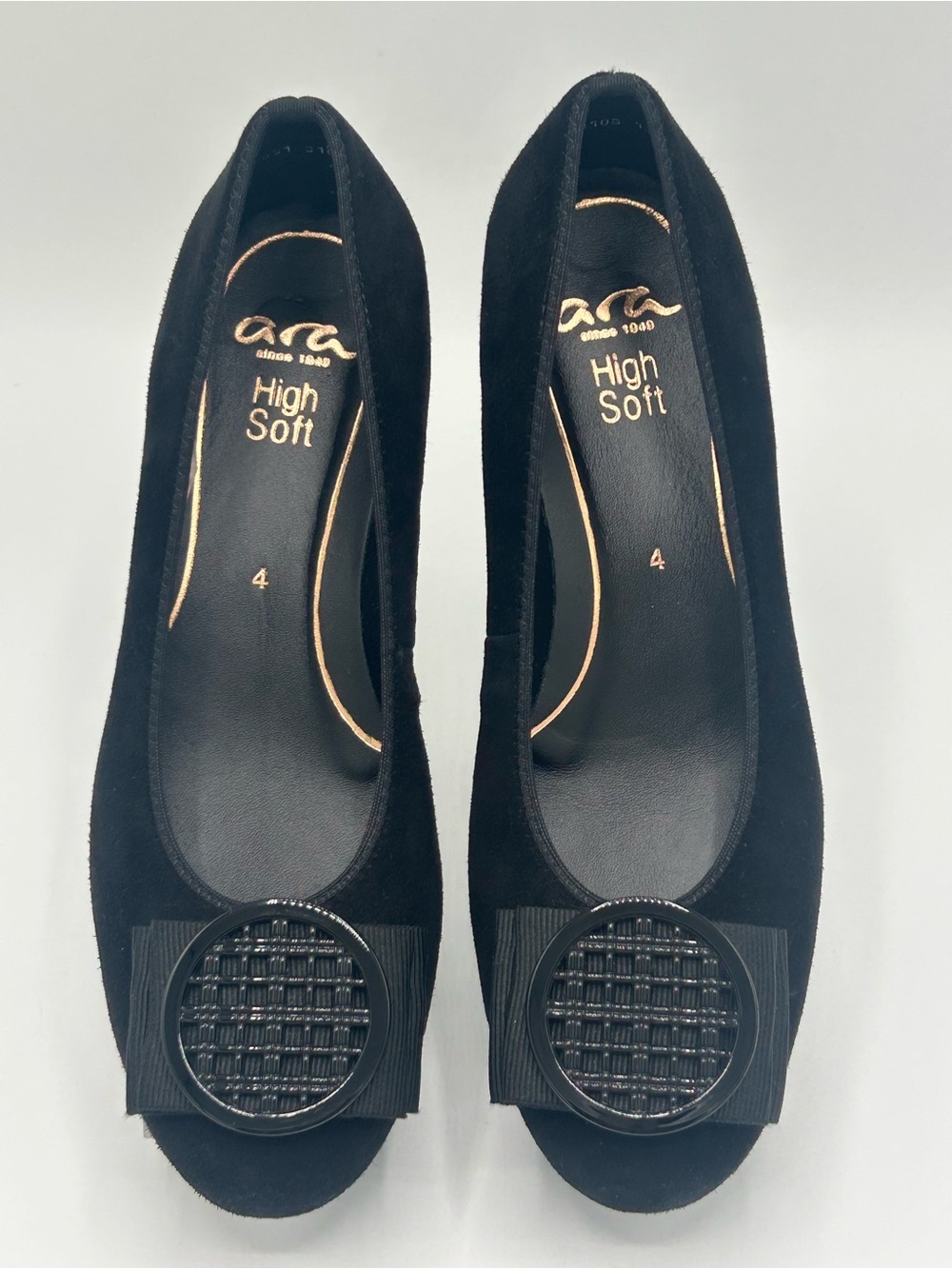 New Ara Black Suede Round-Buckle Heel Dressy Flats